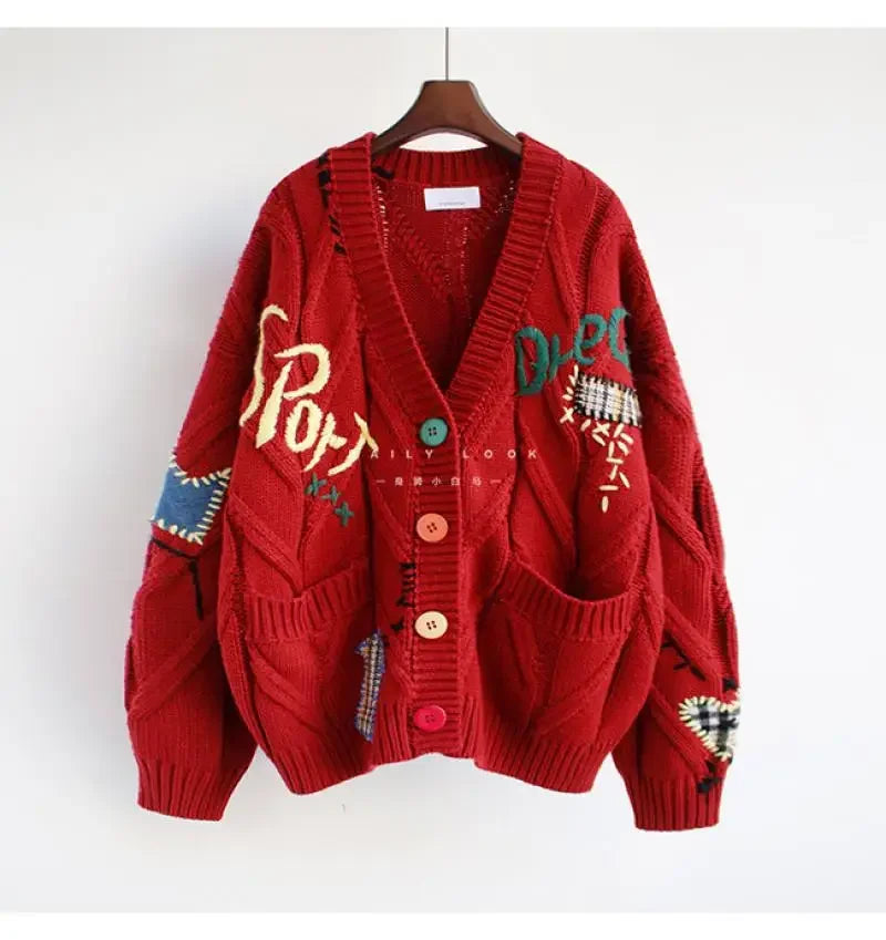 HLJ&GG Winter Embroidery Knit Sweater Coats Two Piece Sets Women Button Long Sleeve Top And Plaid Aline Skirts Outfit Streetwear