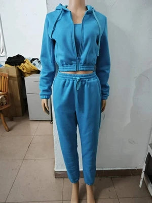 STYLISH LADY Fleece Sporty 3 Piece Set Women Outfits 2025 Spring Crop Top and Drawstring Pant Suits Casual Workout Tracksuits