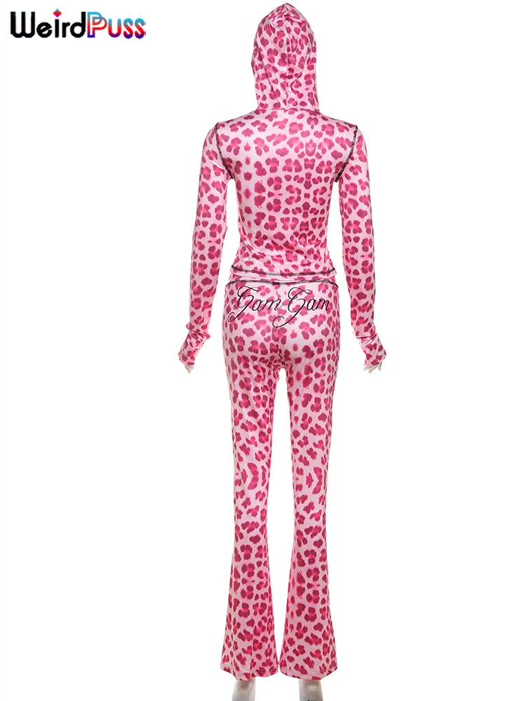Weird Puss Leopard Contrast Letter Print 2 Piece Set Women Hooded Full Sleeve Crop Jacket+Skinny Stretch Flare Pants Trend Suits