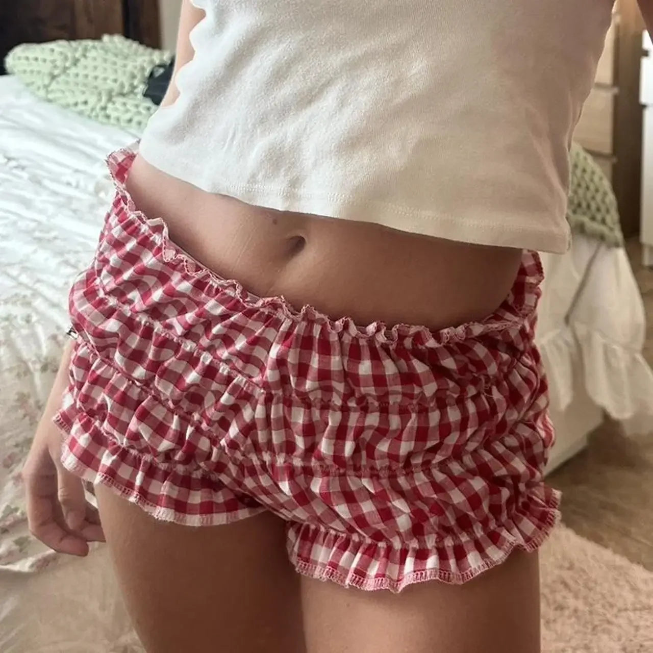 HLJ&GG Y2K Cherry Print Fashion Ruffle Shorts Two Piece Sets For Women V Neck Sleeveless Tank Top + Ruched Shorts Street Outfits