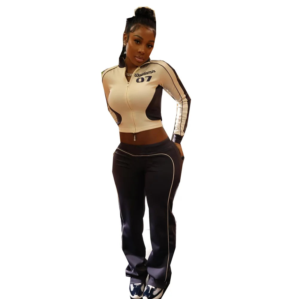 STYLISH LADY Letter Printed 2 Piece Set Women Long Sleeve Crop Top and Skinny Pant Suits 2025 Summer Casual Street Tracksuits