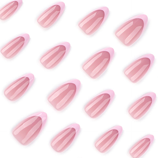 24pcs Petal Print Press on Nail Pink French Almond False Nails Wearable Detachable Ins Simple Fake Nails for Women Girls