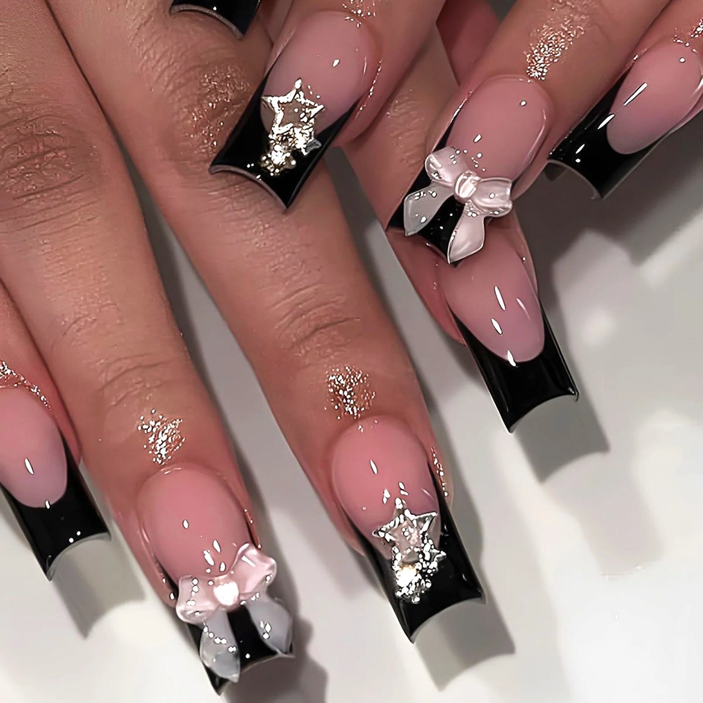 White French Press on Nails 3D Bowknot Fake Nails Tips Full Cover Wearable False Nails for Women and Girls DIY 24Pcs