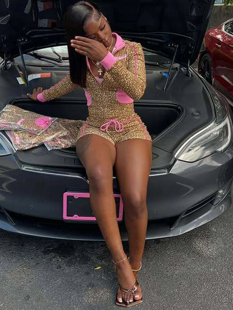 Kricesseen Fashion Women Leopard Print Zippers Jacket Top And Matching Shorts Set 2 Piece Outfits Night Clubwear Female Overalls