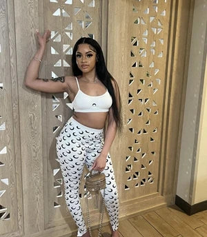 STYLISH LADY Moon Printed Sports 2 Piece Set Women Spaghetti Strap Crop Top and Skinny Pant Suits 2025 Summer Fitness Outfits