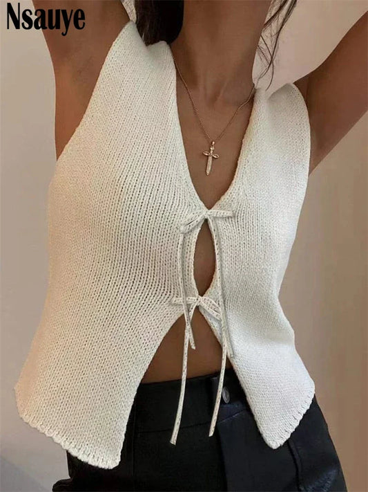 Nsauye 2024 Fashion Summer Y2K Crop Tops Women Knitted Sleeveless Cardigans Tops Outer Wear Sexy Club Lace Up Vest Tank Tops