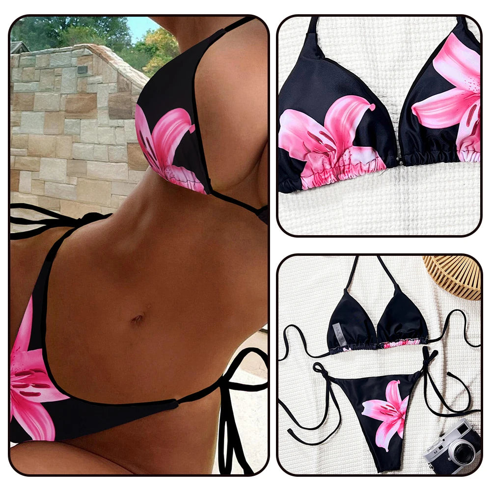 Una-Shop Floral Print Swimsuits For Women Neck Hanging Bikinis Sets Vacation Swimwear Summer Beach Swimming Pool Party Beachwear