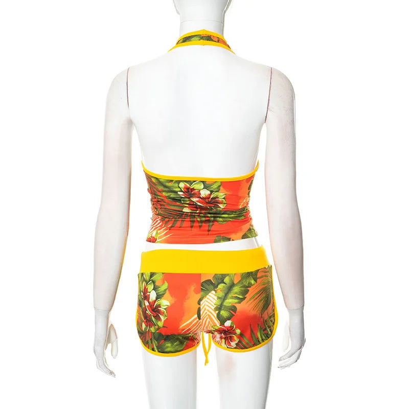 STYLISH LADY Comtrast Color Printed 2 Piece Set Women Halter Backless Crop Top and Drawstring Shorts Suits 2025 Street Outfits
