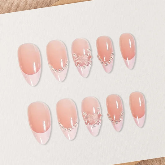 24pcs French Almond False Nails Sweet Pink Pearl Bow Decor Fake Nails Wearable Detachabe Sweet Korean Press on Nails for Girls