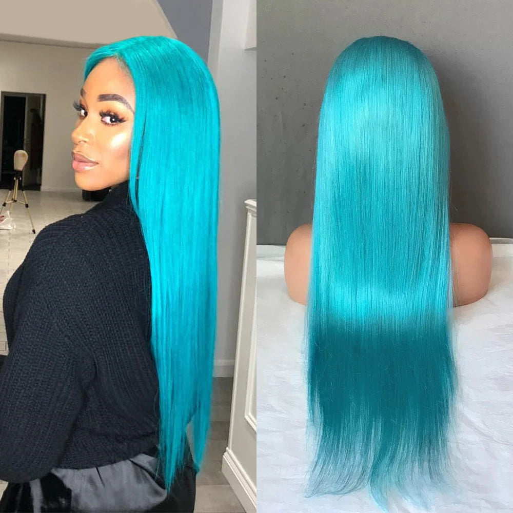 13x4 Frontal Transparent Lace Pre-Plucked Hairline Wigs Light Blue Straight Wigs High Density Brazilian Virgin Human Hair Wigs