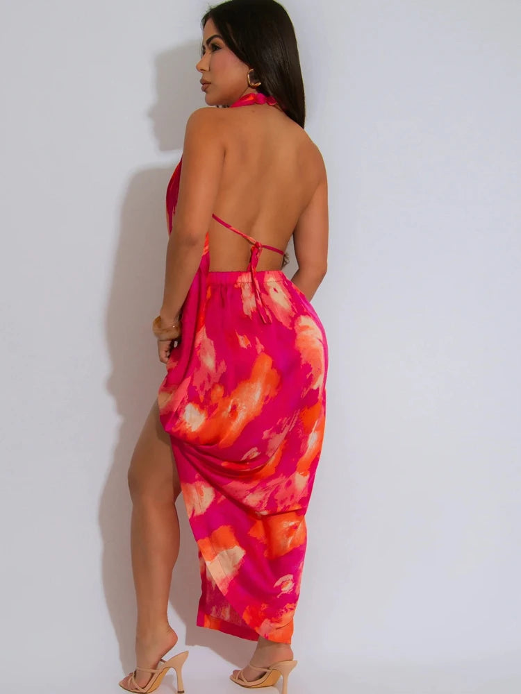 Kricesseen Tropical Women's Halter Neck High Slit Tie Dye Midi Dress Summer Bandage Beach Dress Swimwear Beach Cover-Up Dress