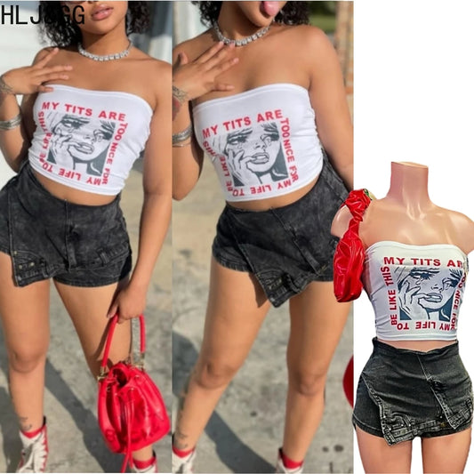 HLJ&GG Y2K Fashion Streetwear Sexy Hot Girl Printing Sleeveless Slim Vest And jeans Shorts Two Piece Sets Summer 2pcs Outfits