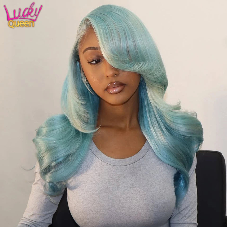 613 Colorful Wigs Light Haze Blue 180Density Pre Plucked Human Hair Transparent 13X4 Lace Front Frontal For Women 13X6 Body Wave
