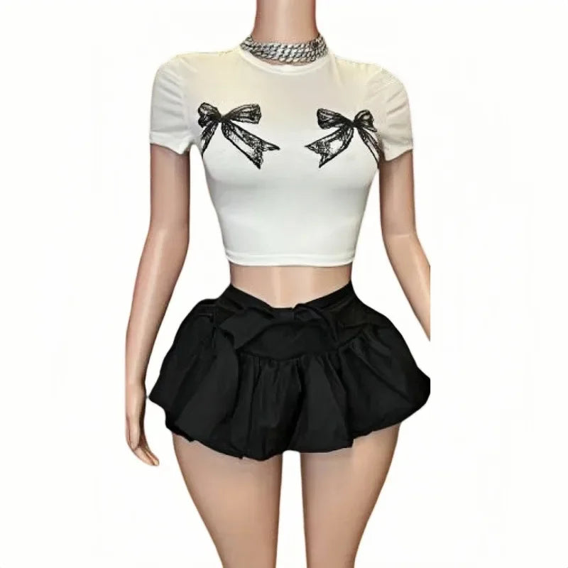 HLJ&GG White Sweet Y2K Bow Puffy Mini Skirts Shorts Two Piece Sets Women Short Sleeve Slim Top And Skirts Outfits Streetwear