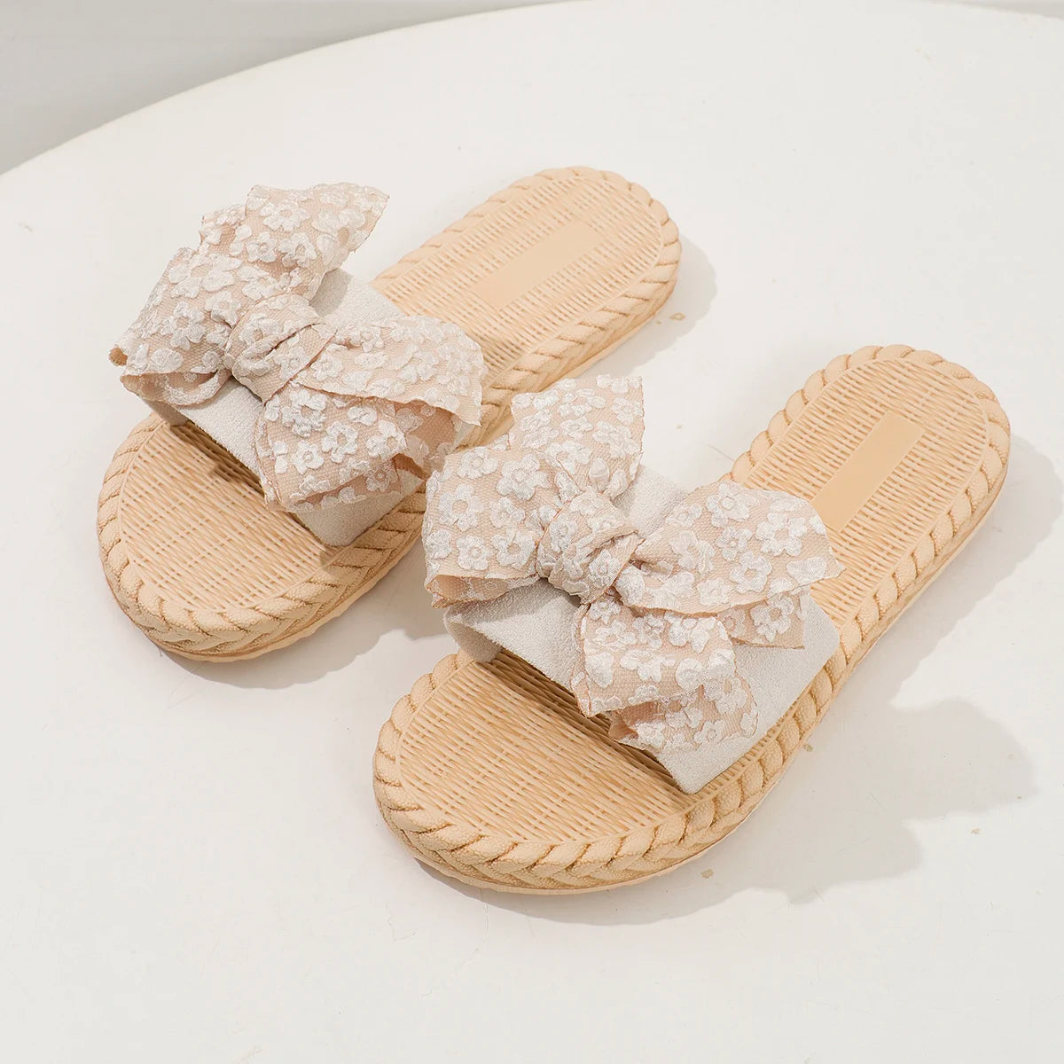 Women's fashion trend lace bow anti slip, wear-resistant, comfortable soft sole flat heel slippers