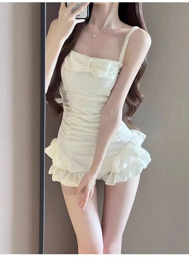 sexy Korean fashion conservative bow swimsuit one piece beige ruffles pearl strapless bodysuits bikinis cute beach outfits