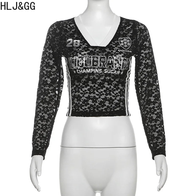 HLJ&GG Summer New Lace Letter Print Two Piece Sets Women V Neck Long Sleeve Top And Mini Skirts Outfits Fashion Streetwear 2025