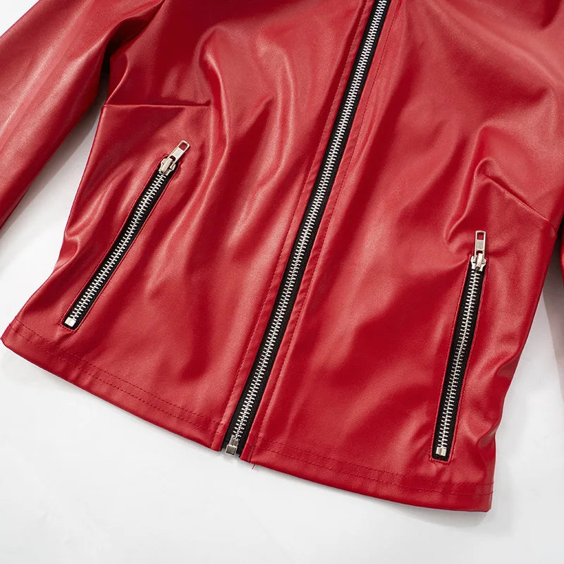 HLJ&GG Red Fashion Leather Puffy Mini Skirts Two Piece Sets Women Zip Long Sleeve Jacket And Skirts Outfit Y2K Female Streetwear