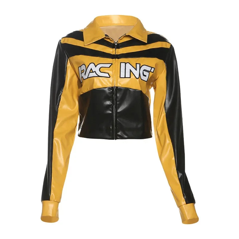 HLJ&GG Trendy Women's Outfits Women Leather Punk Letter Embroidery Crop Jacket And Button Shorts Two Piece Sets Y2K Streetwear