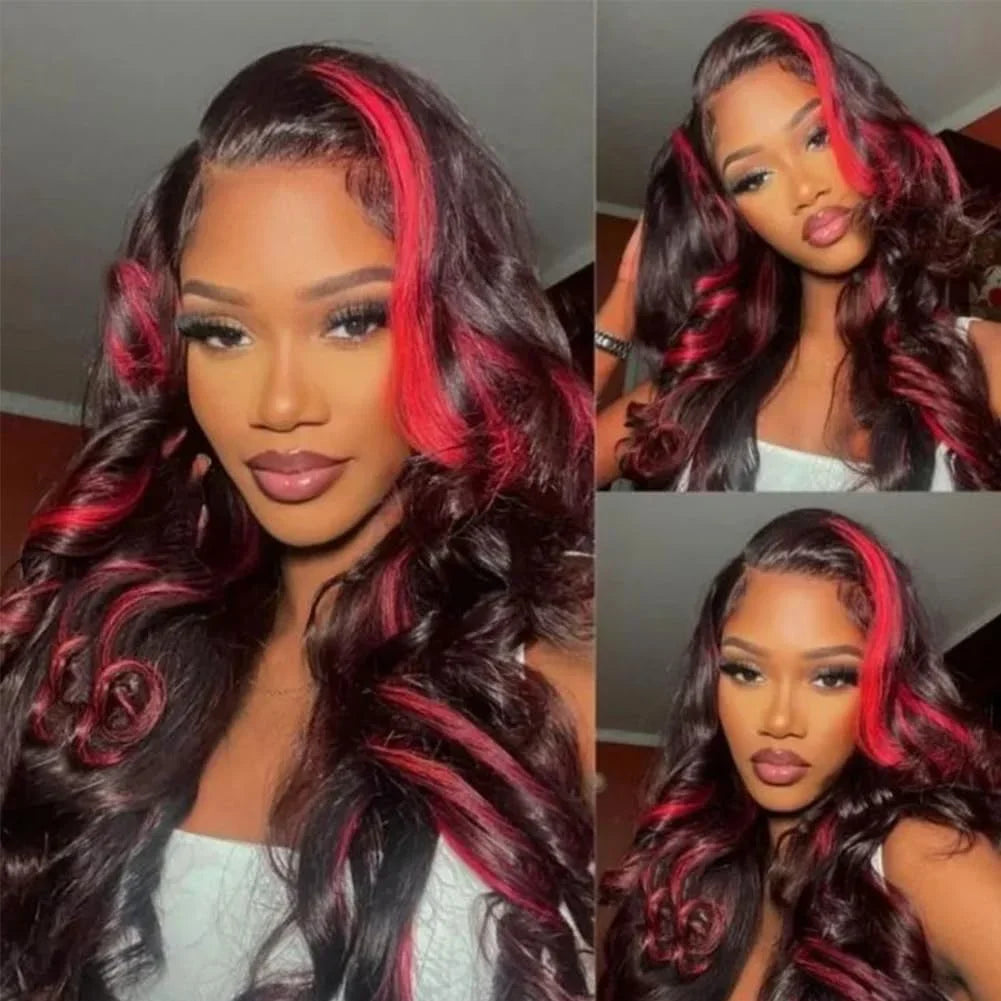 Omber Black With Red Colored Wigs Highlight Lace Front Wigs Human Hair Body Wave Brazilian 5x5 Hd Lace Frontal Glueless Wigs