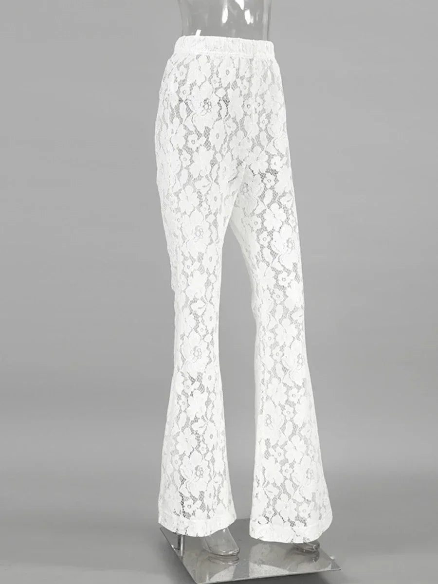 Bornladies Sexy Perspective White Flare Pants Summer Women Vacation High Waist Long Trousers Lace Beach Style Female Pants 2025