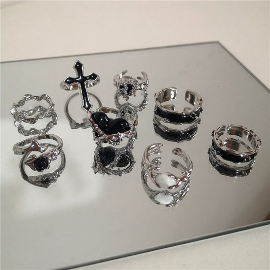 Punk Harajuku Goth Thorns Black Silver Color Irregular Heart Cross Open Ring For Women Men Lover Vintage 90s Y2K Grunge Jewely