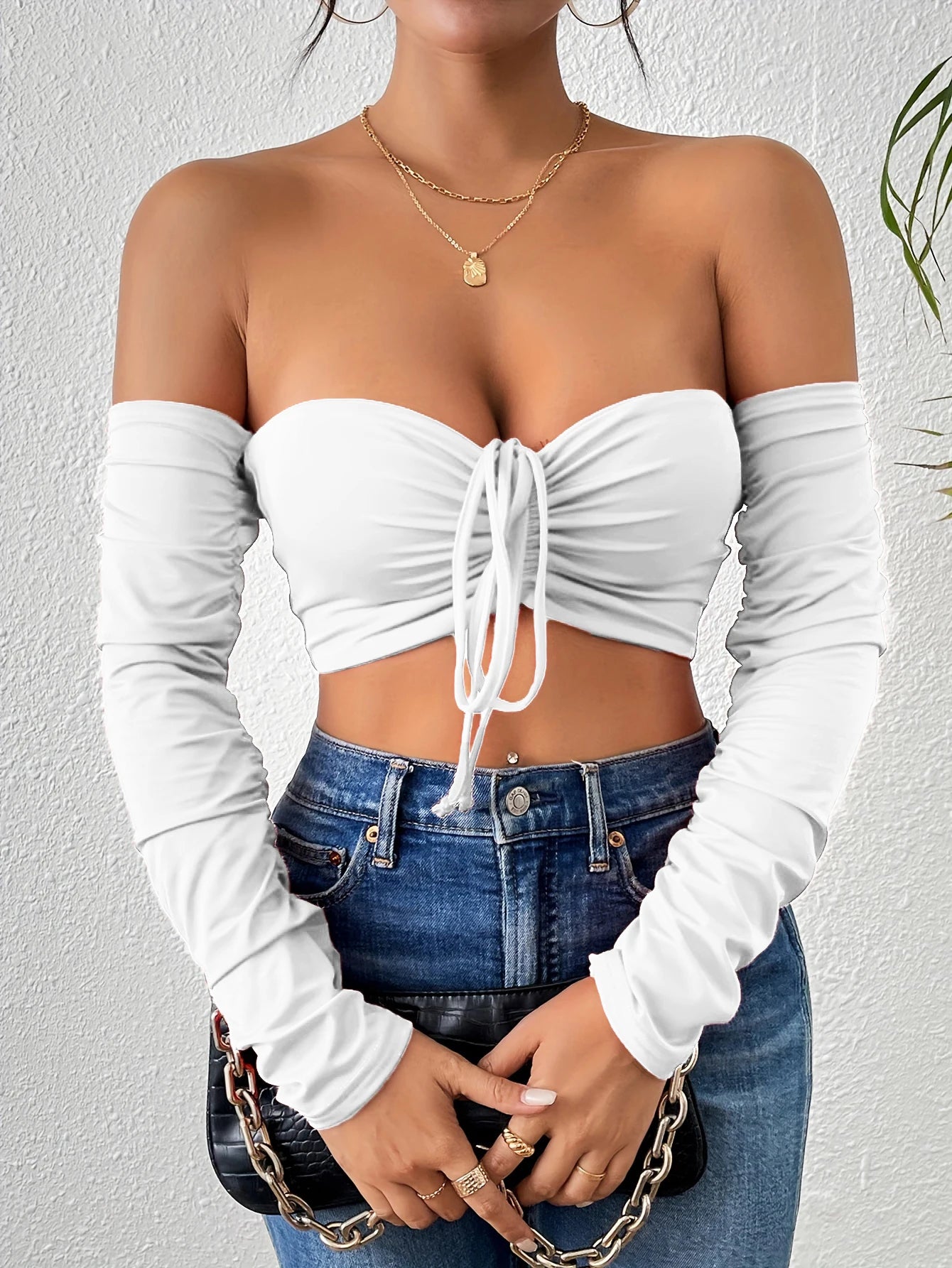 Sexy Ruched Crop T-Shirt - Off Shoulder, Long Sleeve, Drawstring Front, Flattering Fit, Clubwear, Night Out, Fashion Clot
