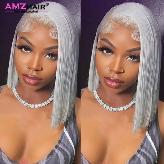 10 12 14 Inch Grey Bob Lace Front Human Hair Wig 13x4 Colored Short Grey Bob Wig Pre Plucked Natural Hairline With Baby Hair