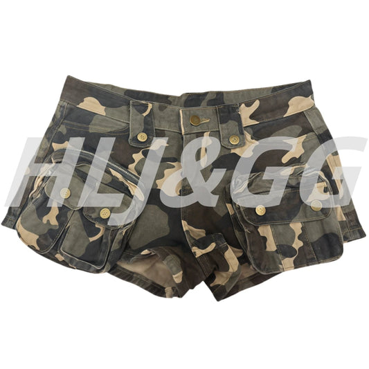 HLJ&GG Y2K Fashion Graphic Tshirts Two Piece Sets Women O Neck Short Sleeve Loose Top And Camouflage Pocket jeans Shorts Outfits