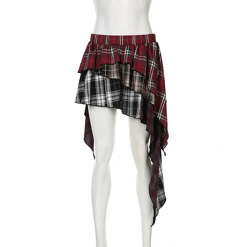 HLJ&GG Fashion Plaid Printing Irregular Mini Skirts Two Piece Sets Women O Neck Short Sleeve Top And Skirts Outfits Streetwear