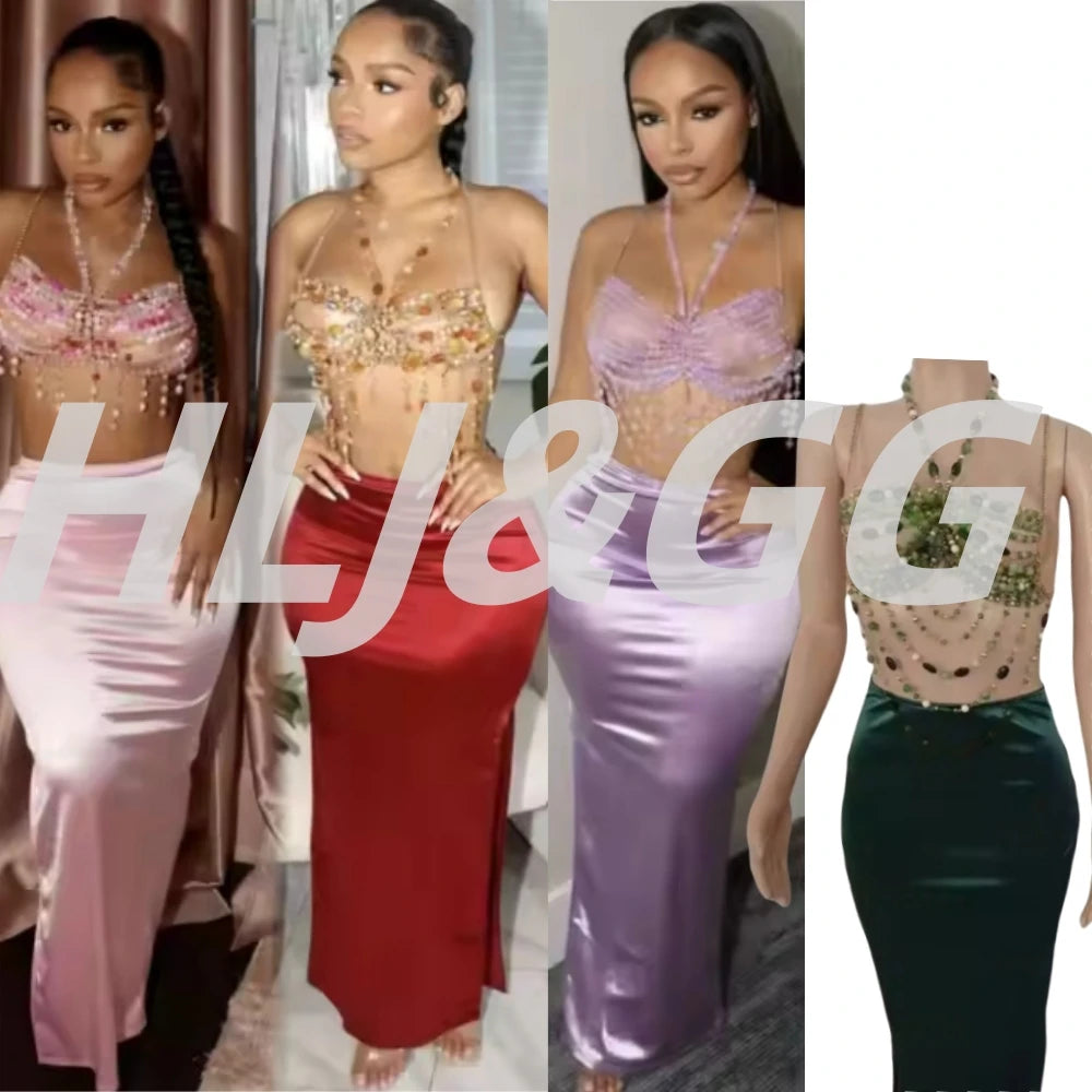 HLJ&GG Sexy Rhinestone Beads Halter Hollow Two Piece Sets Women Sleeveless Backless Top + Satin Skinny Skirts Outfits Streetwear