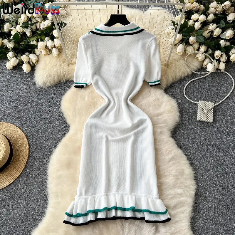 Weird Puss Contrast Stripe Dress Women Knitted Polo-Neck Short Sleeve Ruffles Stretch Hem Casual Trend Streetwear Mini Bodycon