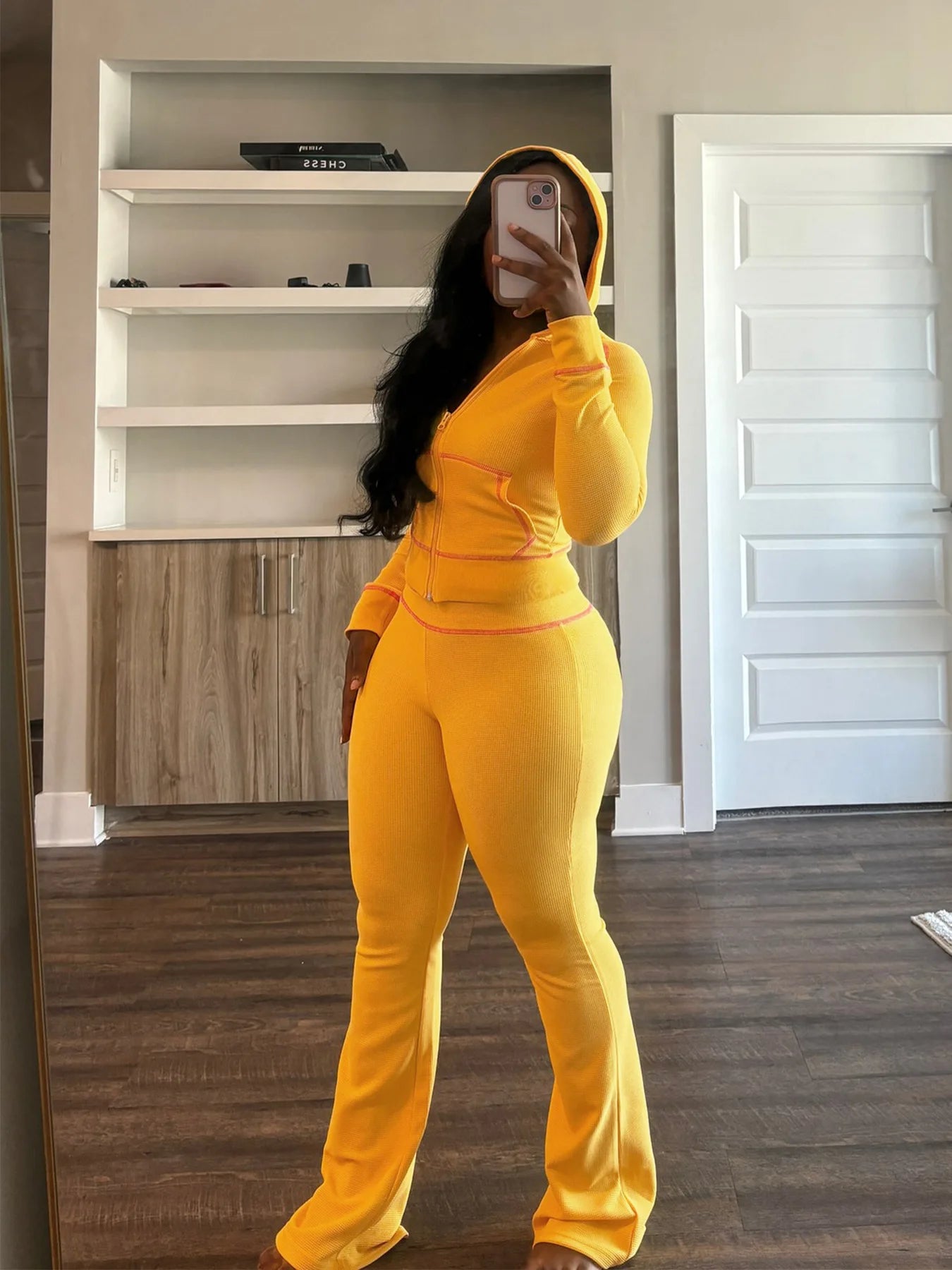 HLJ&GG Spring New Waffle Flare Pants Two Piece Sets Women Zip Hooded Long Sleeve Top + Pants Outfits Casual Sporty 2pcs Clothing