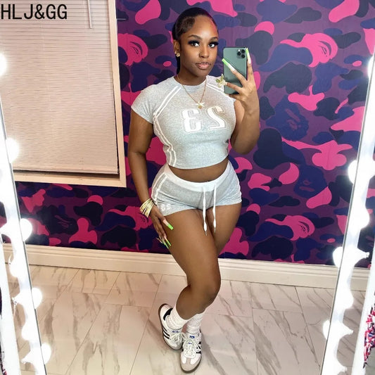 HLJ&GG Summer New Letter Print Drawstring Shorts Two Piece Sets Women Round Neck Short Sleeve Slim Crop Top And Shorts Outfits