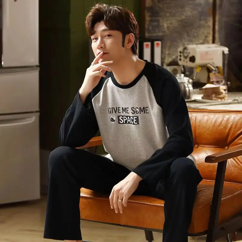 Pajamas Men Long Sleeves and Trousers Spring and Autumn Style Simple and Breathable Nightwear Student Youth Loungewear Sleepwear