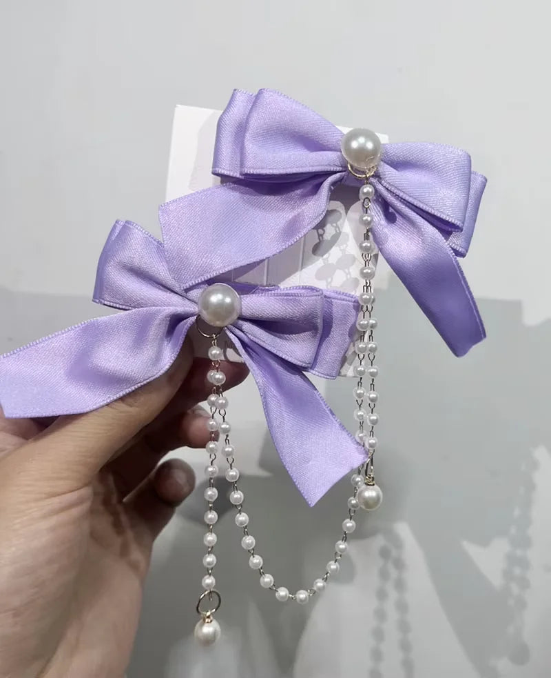 Sweet Princess Style Pink Pearls Chain Bow Hair Clip Women Children's Cute Back Head Hairpins Hair Clips Girls Hair Accessories