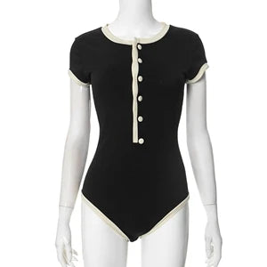 STYLISH LADY Ribbed Button Bodysuits 2025 Summer Women Short Sleeve O Neck Black Nude Sexy Club Street Bodycon Rompers