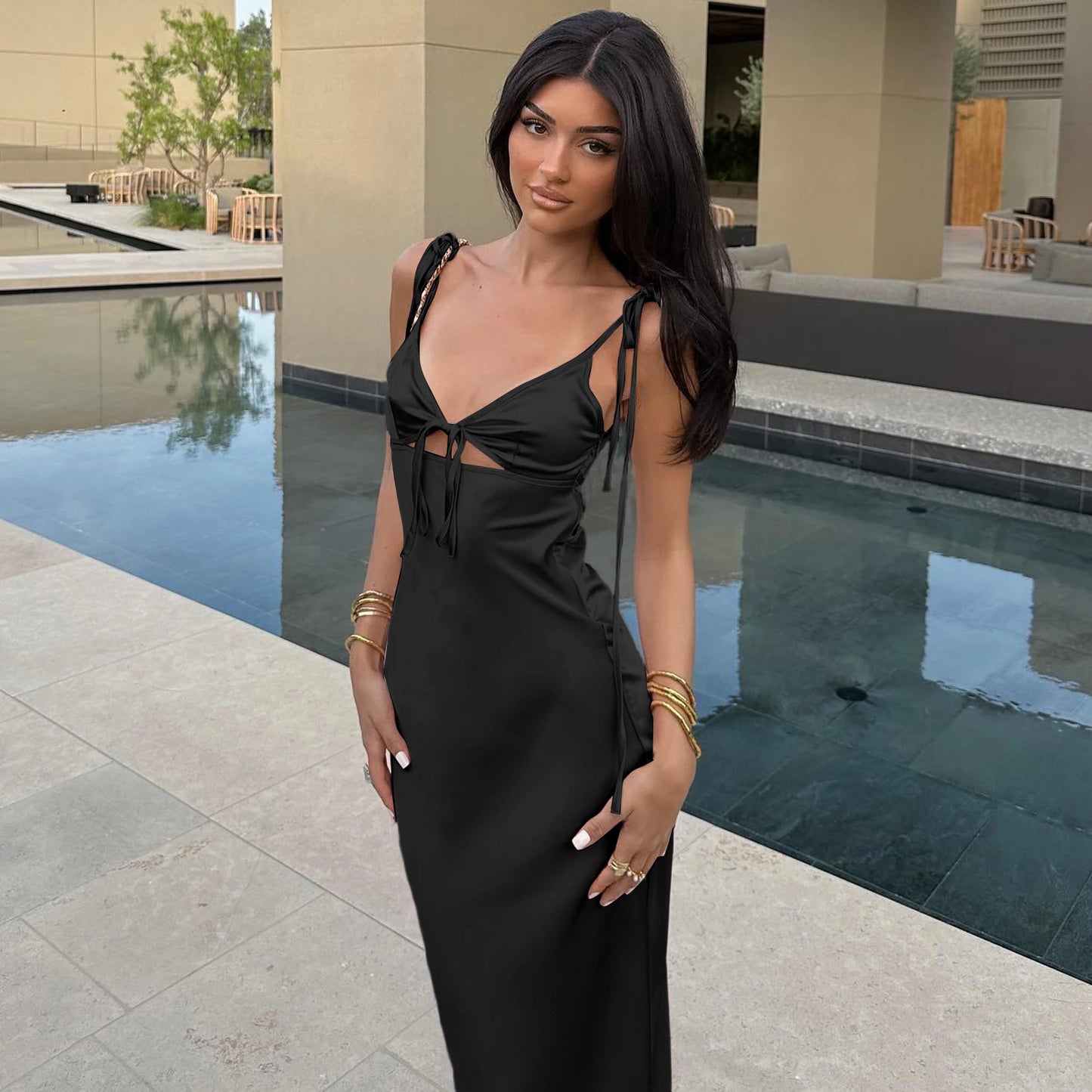 Dulzura Backless Lace Up Spaghetti Straps Cut Out Midi Dress Women Club Holiday Evening Party Dresses Y2K Clothes Drop Shipping