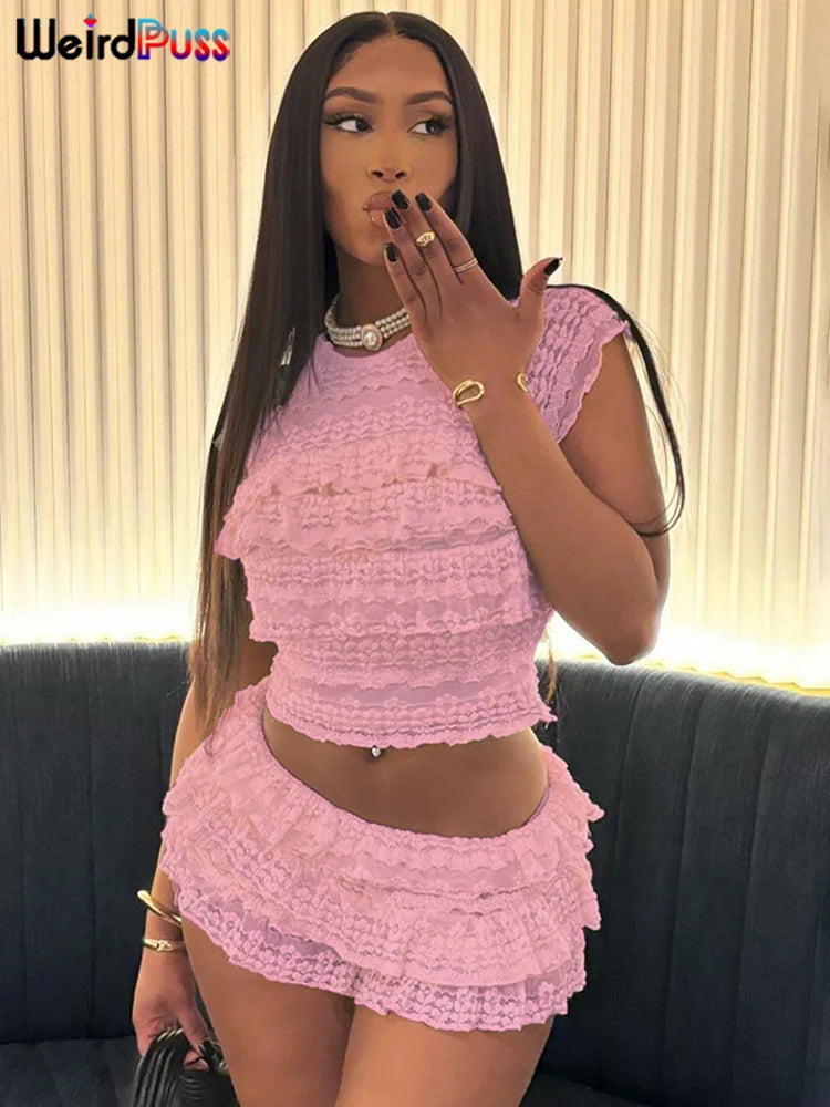 Weird Puss Sexy Tierred Women 2Piece Set Summer Elegant Thin Ruffles Tnak Top+Shorts Skirts Midnight Concert Party Matching Suit
