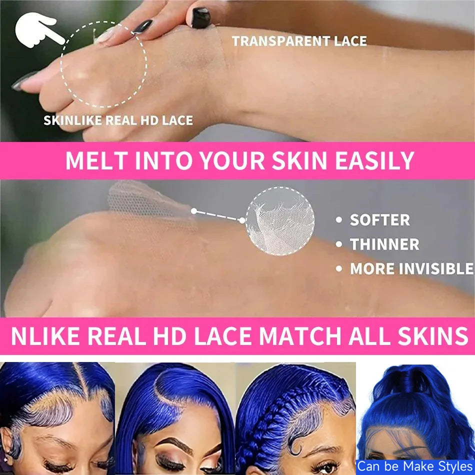 13x4 Nave Blue Bob Wig Colored Lace Front Human Hair Wigs Short Bob Wig Dark Blue Bone Straight Lace Frontal Wig 100% Human Hair