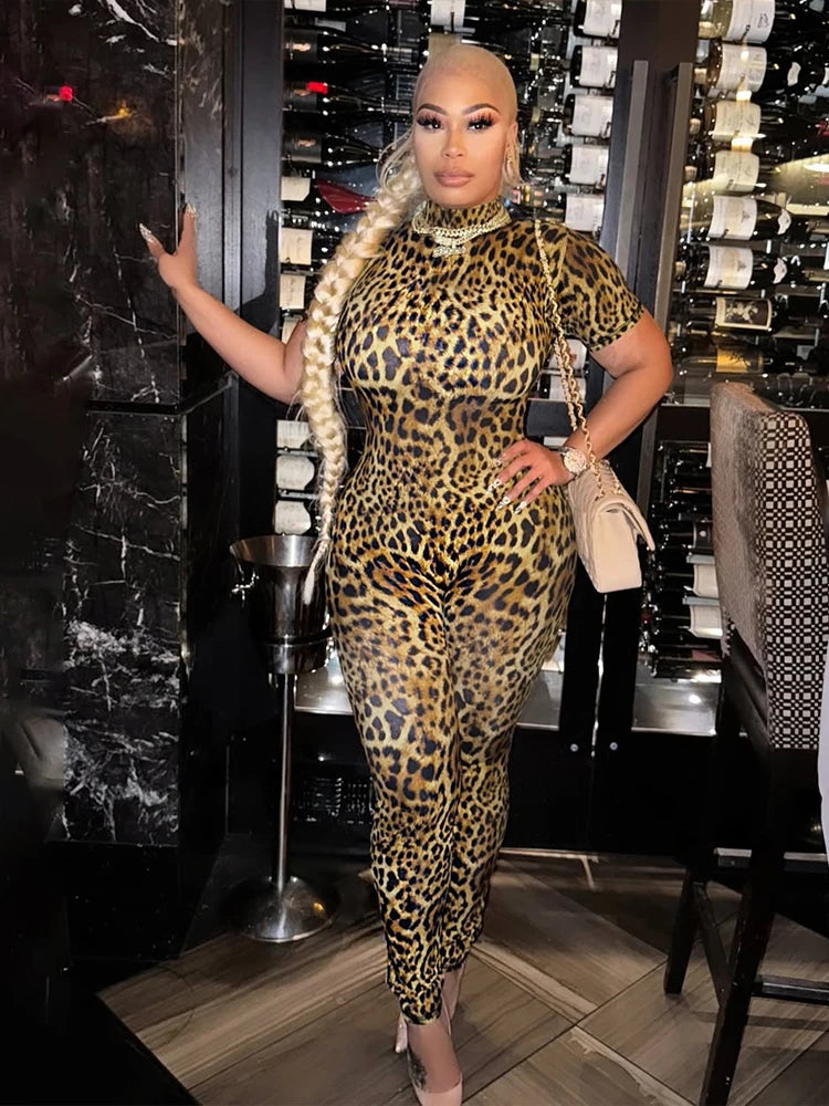 Weird Puss Peach Buttocks Jumpsuit Women Backless Leopard Print Shorts Sleeve Fitness Summer Trend Streetwear Workout Overalls