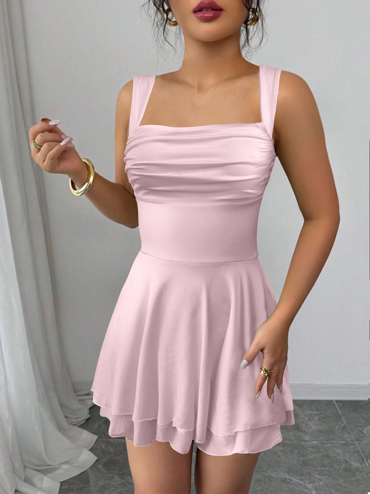 Sexy Square Neck Shoulderless Slim Fit Dress Nightclubs Parties Elegant Double-Layer Ruffled Edge Puffy Women Mini dress