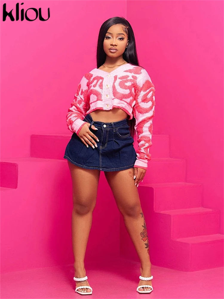 Kliou Knit Coats ladies Autumn New Full Sleeve Breasted Buttons V-neck Ruched Sweather Outwear Bare Midriff Street Tops