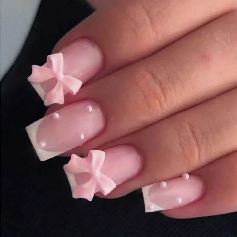 White French Press on Nails 3D Bowknot Fake Nails Tips Full Cover Wearable False Nails for Women and Girls DIY 24Pcs