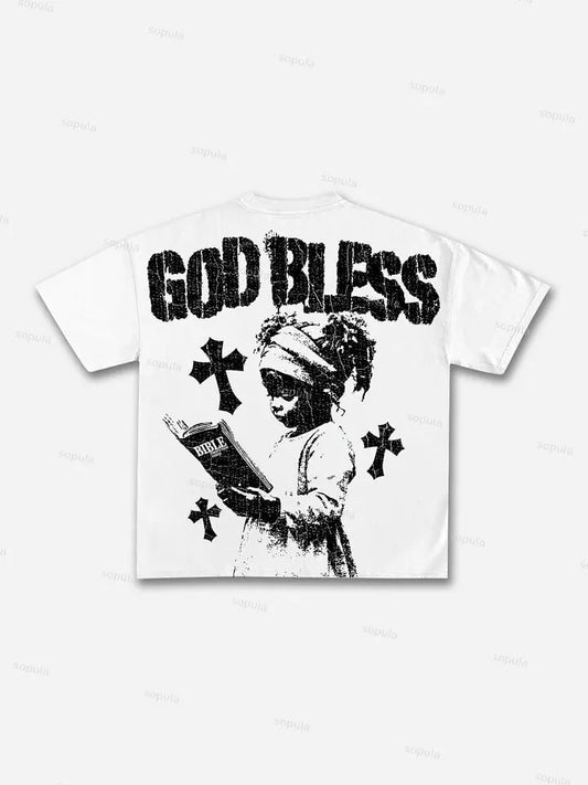 God Bless Children's Prayer Graphic Cotton T-shirt unisex high-quality top vintage t shirt