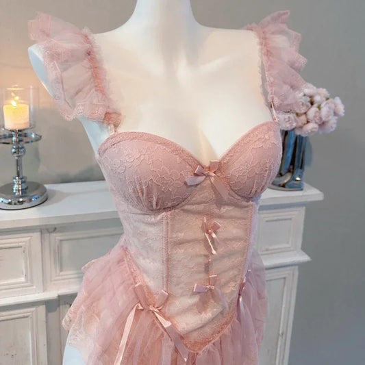 Black Vintage Corset Bustier Top Lace Underbust Ruffles Sexy Lingerie Corset Push Up Bra Ladies Thong G-String Underwear