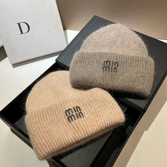 Luxury rhinestone Letters Fashion Winter hats for men and women Real rabbit fur wool Skullies Beanies Knit hats for men and wome