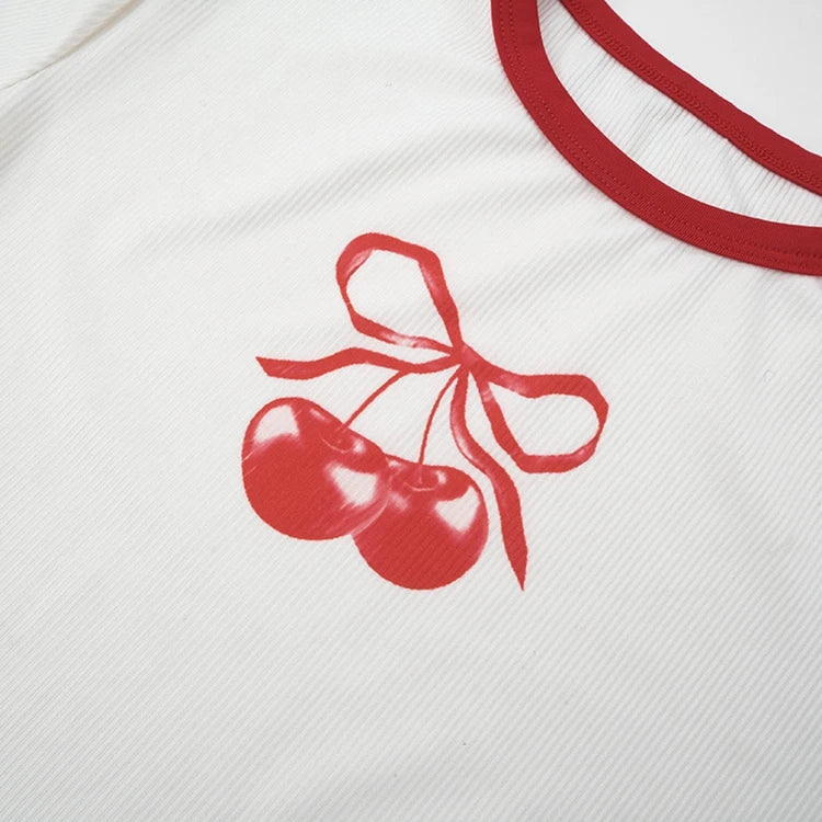 STYLISH LADY Cherry Printed Crop Tops 2025 Summer Women Short Sleeve O Neck Slim Ribbed Contrast Color Casual Street T Shirts