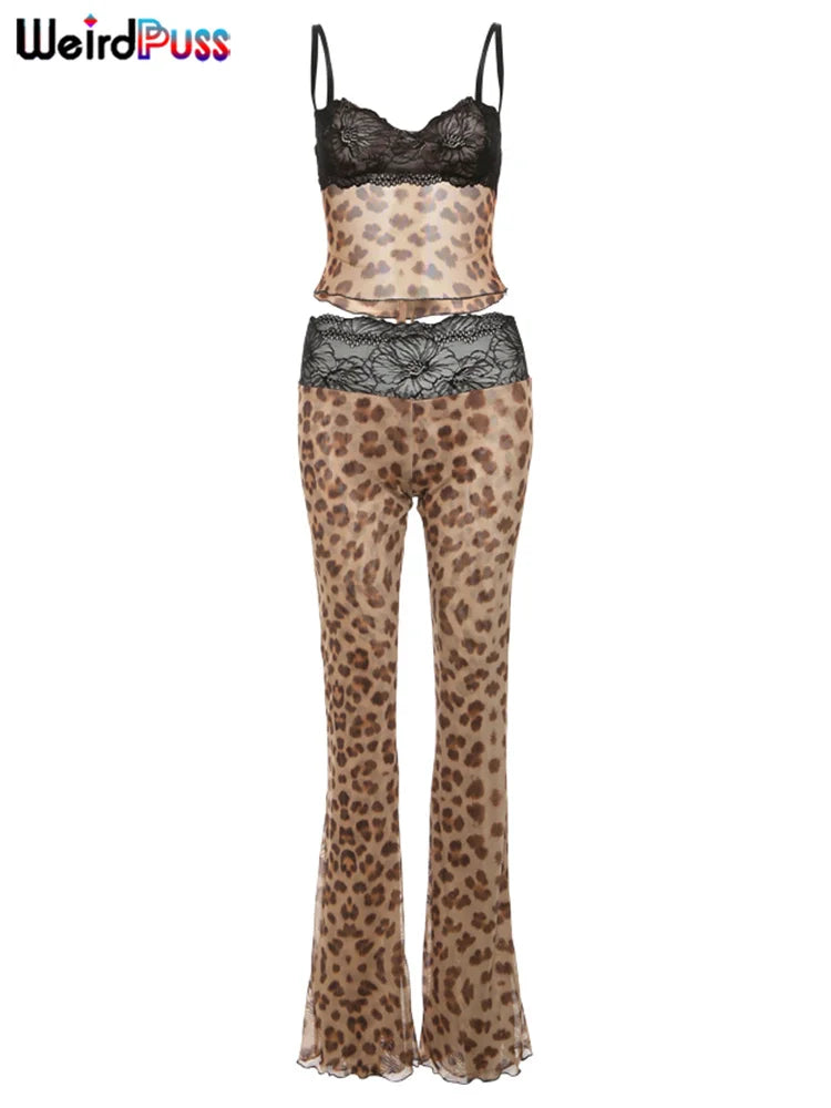 Weird Puss Mesh Patchwork 2 Piece Set Women Sexy Cleavage Sleeveless Crop Tops+Leopard Print Skinny Pants Street Wild Trend Suit