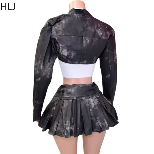 HLJ&GG Balck Fashion Punk Rock Leather Two Piece Sets Women Button Long Sleeve Crop Jacket+Belt Pleated Skirts Outfit Streetwear